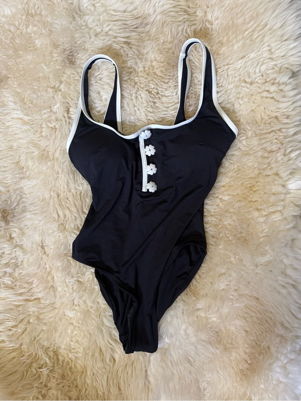 NWOT $200 KATE SPADE Women S Black One-Piece Swimsuit White Trim Button Placket